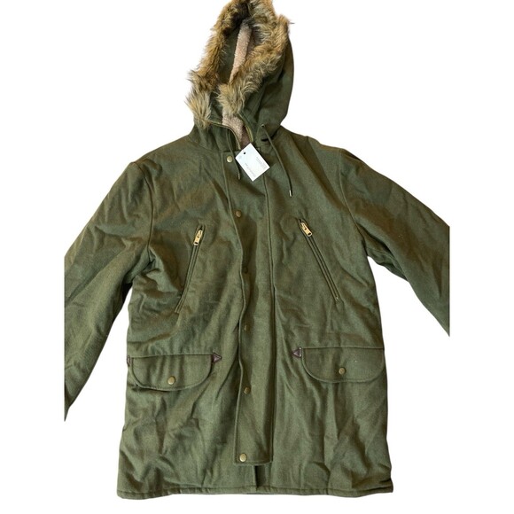GANT Rugger Winter Parka Jacket XXL Hunter Green Wool Blend Faux Fur Hood - Picture 2 of 12